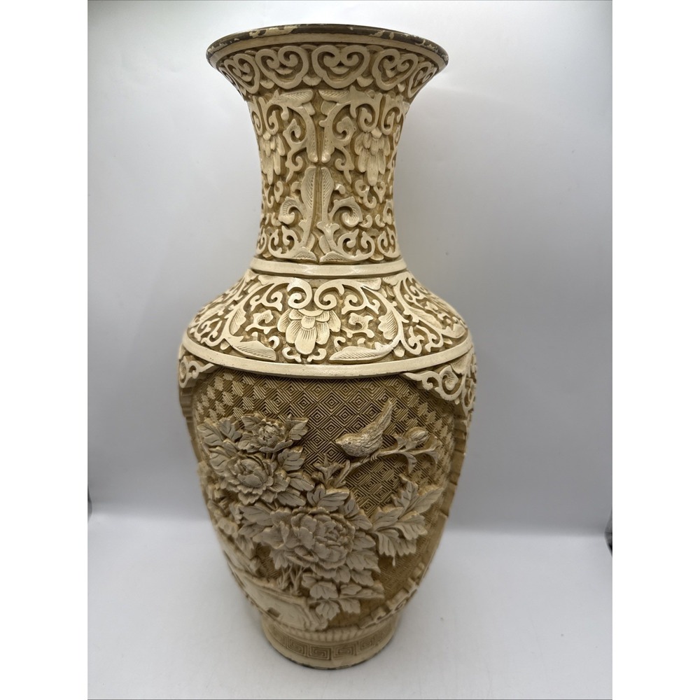 Vintage Mandarin Resin Carved Vase Layered 3D Flowers Floral Birds 12.5"